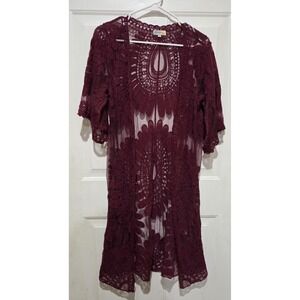 Rebellion Again Maroon Burgandy Sheer Lace Open Kimono Floral Women S Boho